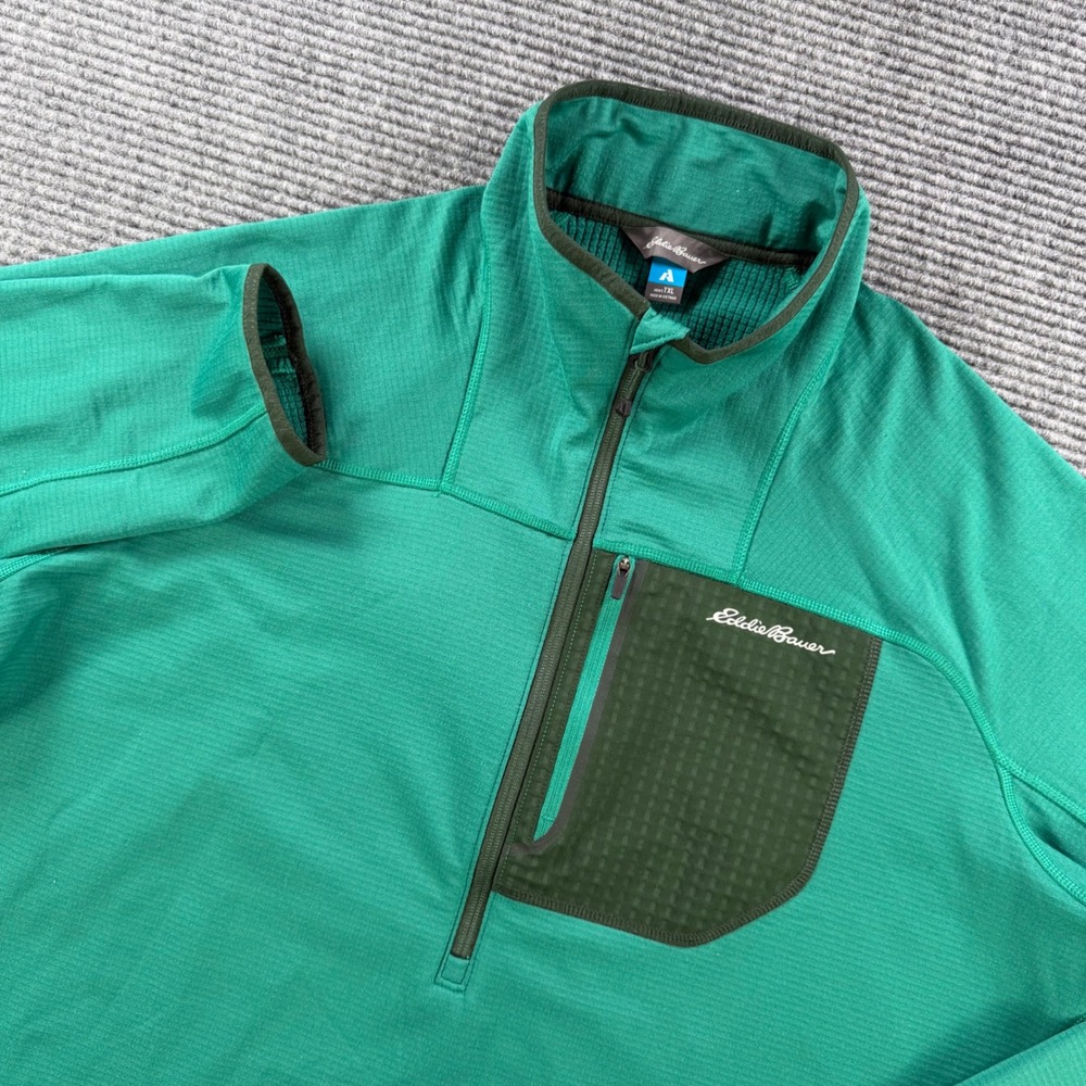 Eddie Bauer FreeHeat Green Jacket Mens XL Tall Quarter Zip Grid Fleece Pullover